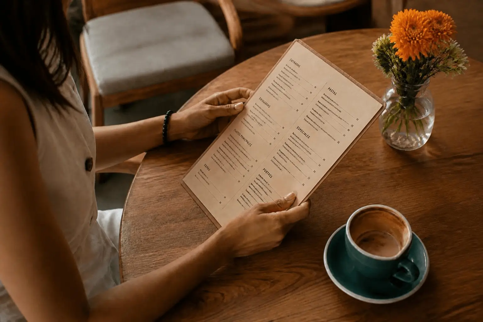 Una clienta lee una carta de papel en una mesa de madera, junto a un café y un florero